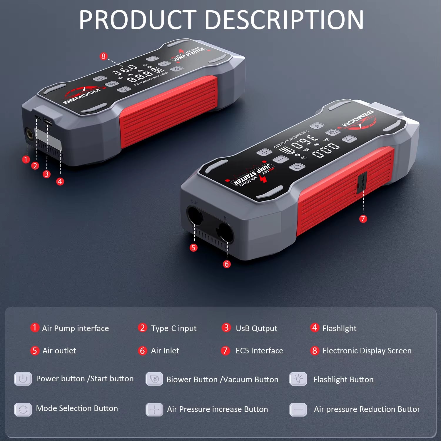 Multi-Function Battery Jumper and Tire Inflator Compressor Booster Pack for Trucks and Motorcycles - Emergency Jump Starter