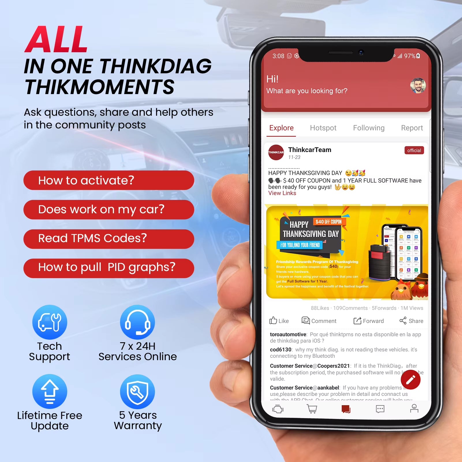 THINKDIAG Mini OBD2 Scanner for Comprehensive Vehicle Diagnostics - Lifetime Free Auto Diagnostic Tool for All Cars with Error Code Reading and Clearing