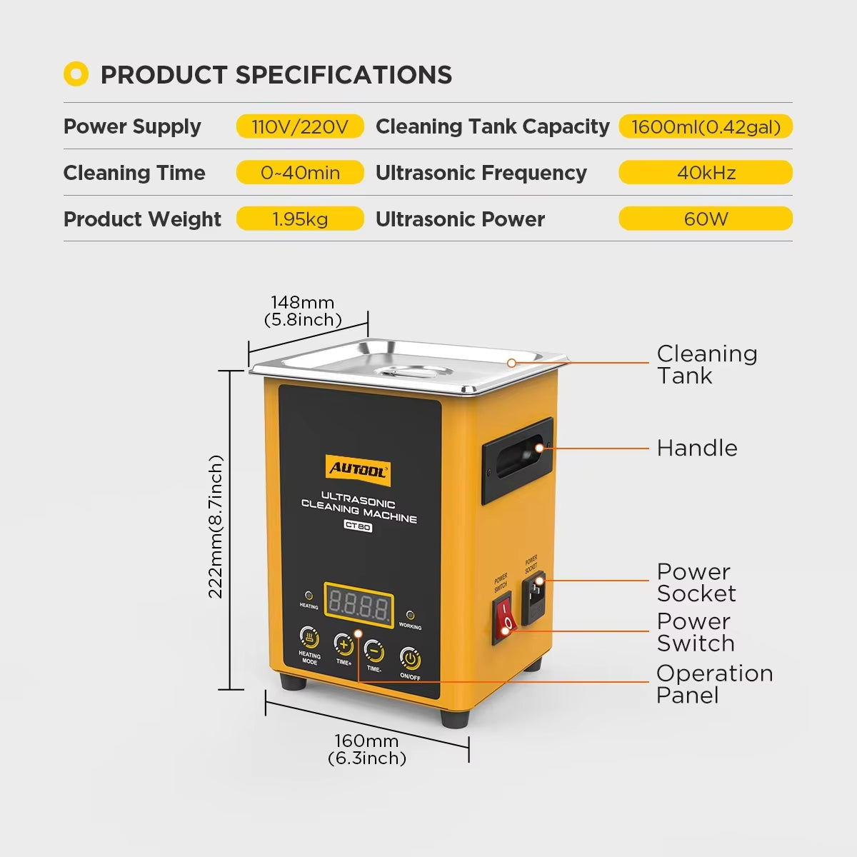 AUTOOL CT80 2L Professional Ultrasonic Cleaning Machine with 40kHz Frequency, Digital Timer, and Heating Function
