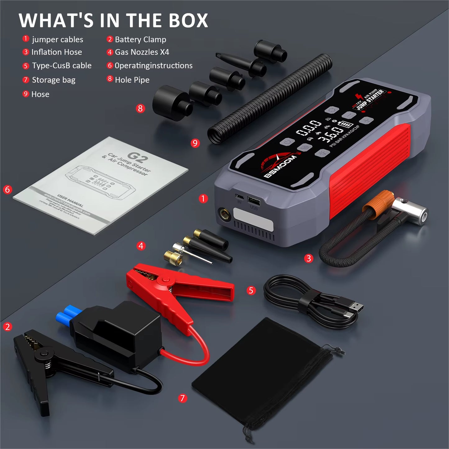 Multi-Function Battery Jumper and Tire Inflator Compressor Booster Pack for Trucks and Motorcycles - Emergency Jump Starter