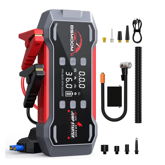 Multi-Function Battery Jumper and Tire Inflator Compressor Booster Pack for Trucks and Motorcycles - Emergency Jump Starter