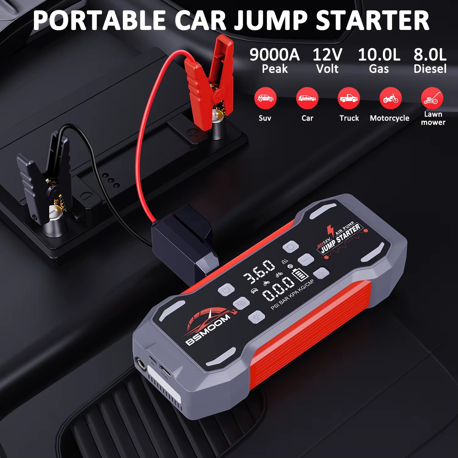 Multi-Function Battery Jumper and Tire Inflator Compressor Booster Pack for Trucks and Motorcycles - Emergency Jump Starter