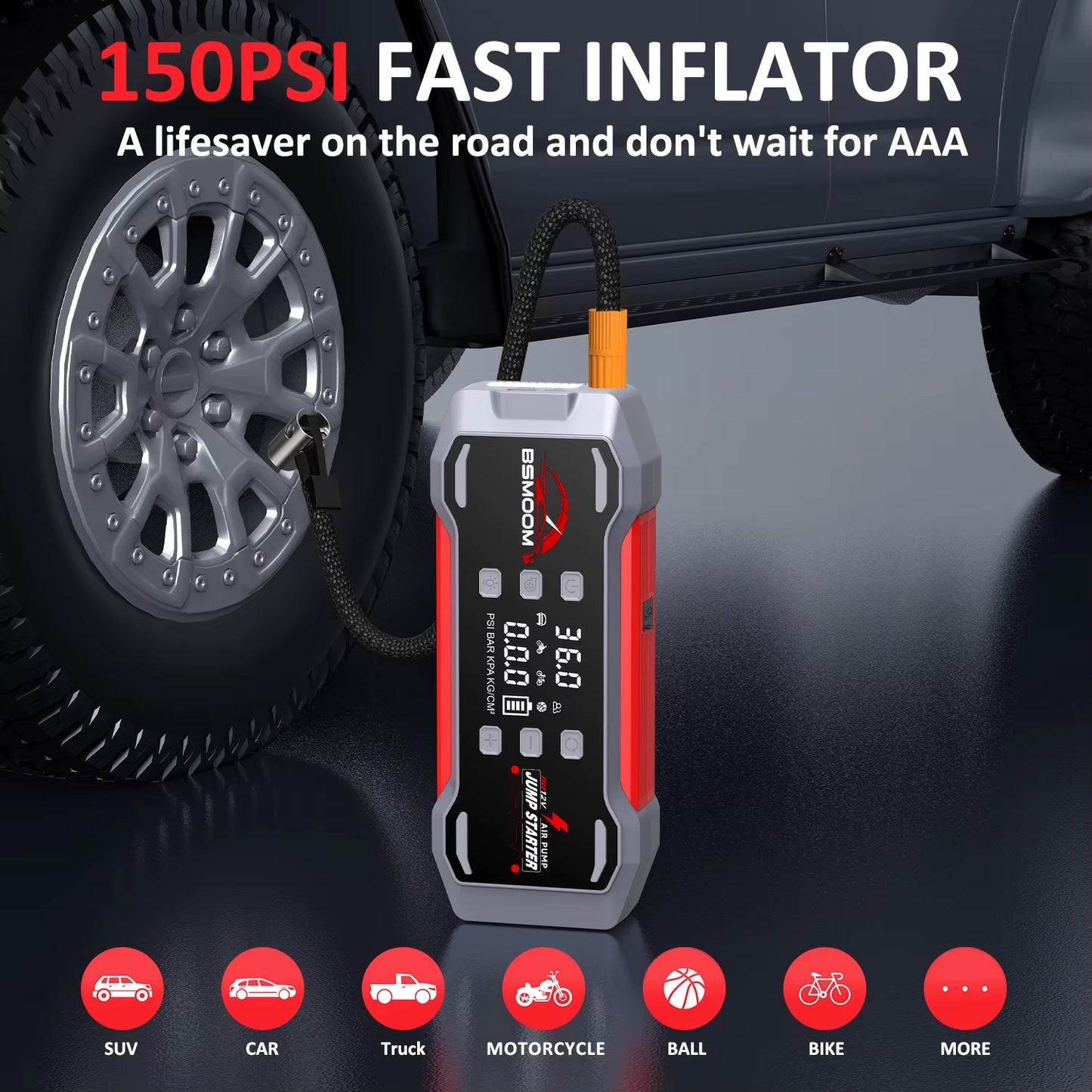 Multi-Function Battery Jumper and Tire Inflator Compressor Booster Pack for Trucks and Motorcycles - Emergency Jump Starter