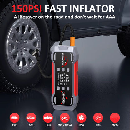 Multi-Function Battery Jumper and Tire Inflator Compressor Booster Pack for Trucks and Motorcycles - Emergency Jump Starter