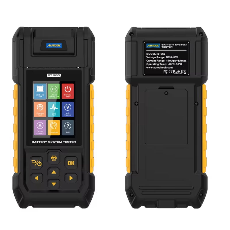 AUTOOL BT960 Digital Lithium Battery Internal Resistance and Load Capacity Analyzer with Printer for 12V, 24V, and 48V Cells