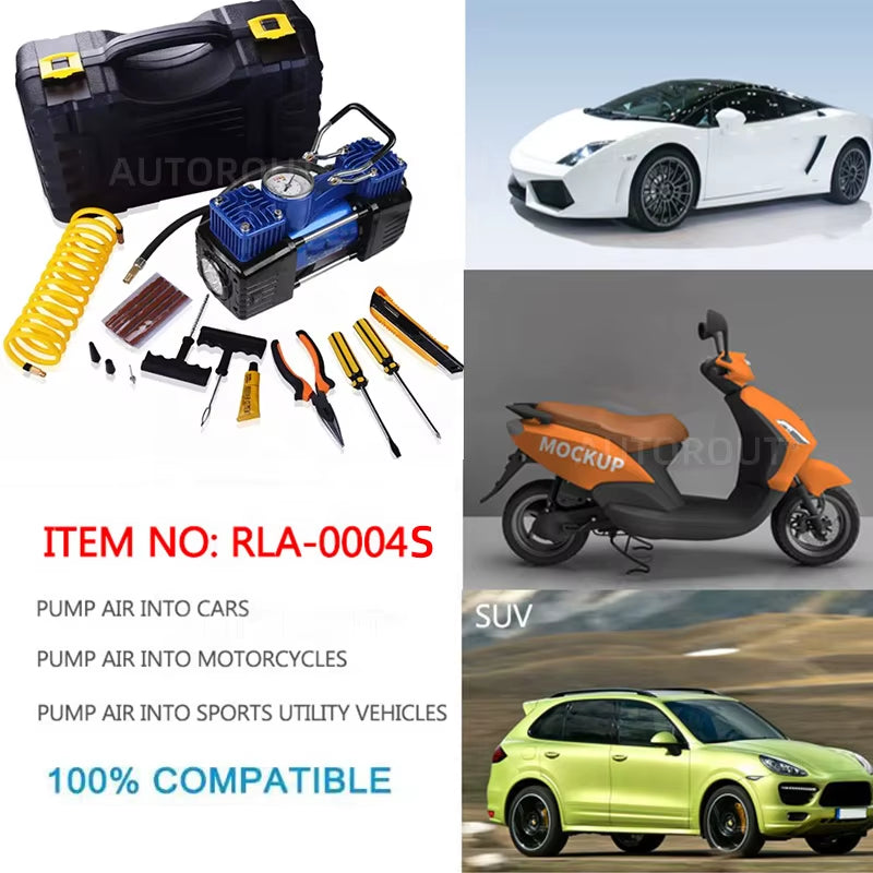 Premium 12V Metal Double Cylinder 150W Portable Car Tire Inflator with Automatic Digital Pressure Gauge