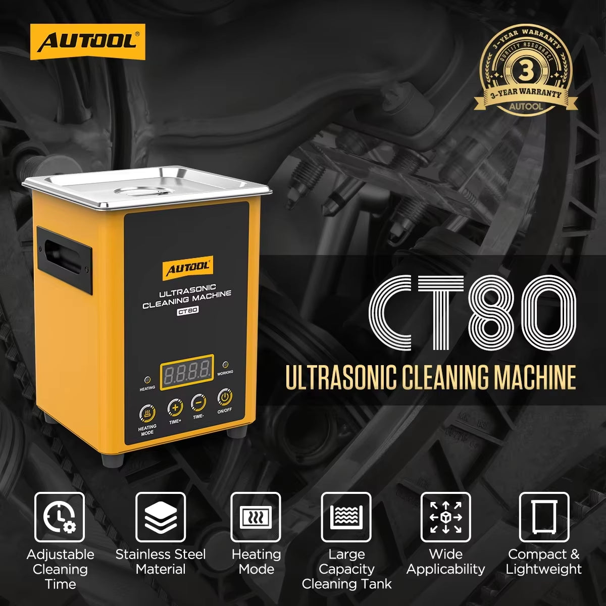 AUTOOL CT80 2L Professional Ultrasonic Cleaning Machine with 40kHz Frequency, Digital Timer, and Heating Function