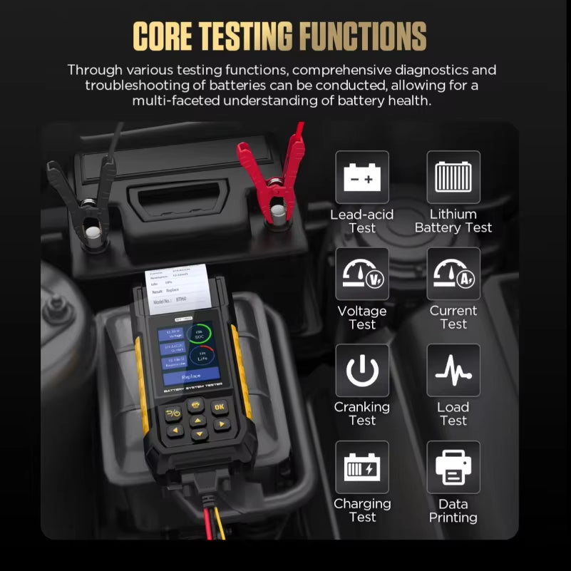 AUTOOL BT960 Digital Lithium Battery Internal Resistance and Load Capacity Analyzer with Printer for 12V, 24V, and 48V Cells