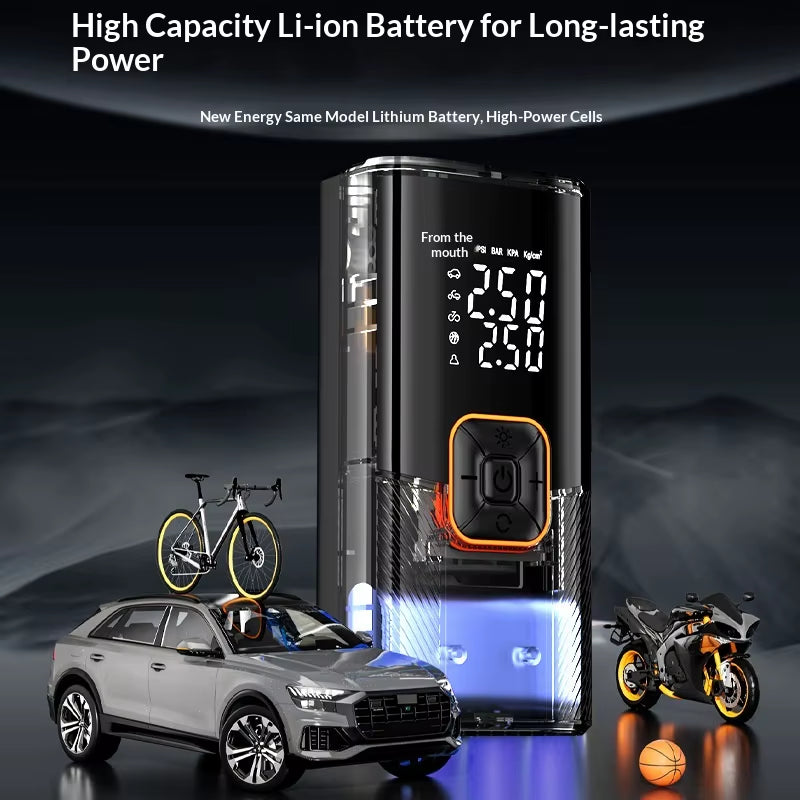Powerful 150PSI Portable Battery-Operated Air Compressor with Tire Pressure Monitoring and LED Display