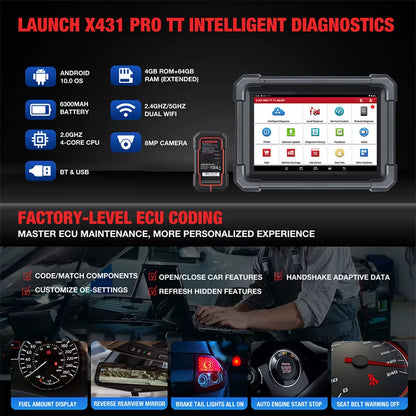 LAUNCH X431 PRO TT Full System Bidirectional Scan Tool with Dbscar VII Connector - 37+ Reset Functions for All Vehicle Makes and Models (Global/European Version)